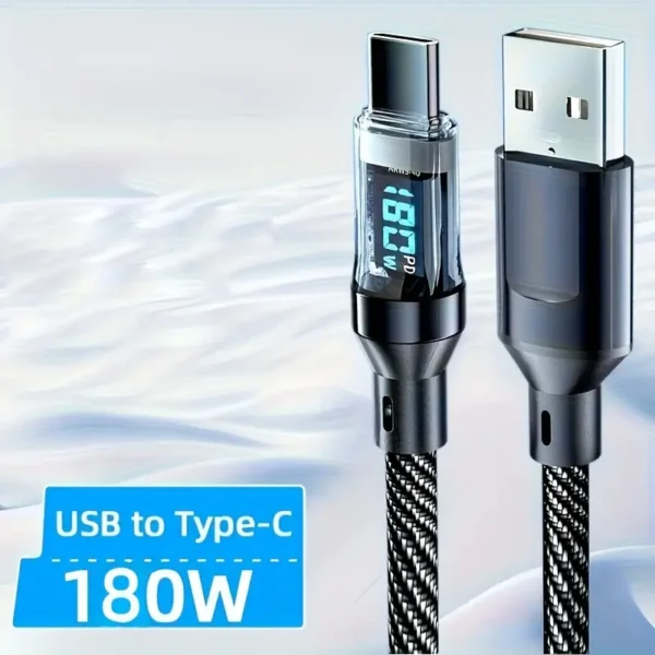 180W Super Fast Charging USB A To Type-C Cable With LED Digital Display, Matte Finish, Data Sync, USB Power Delivery, 6A High Current, Compatible With IPhone 15/16, Xiaomi, POCO, Samsung